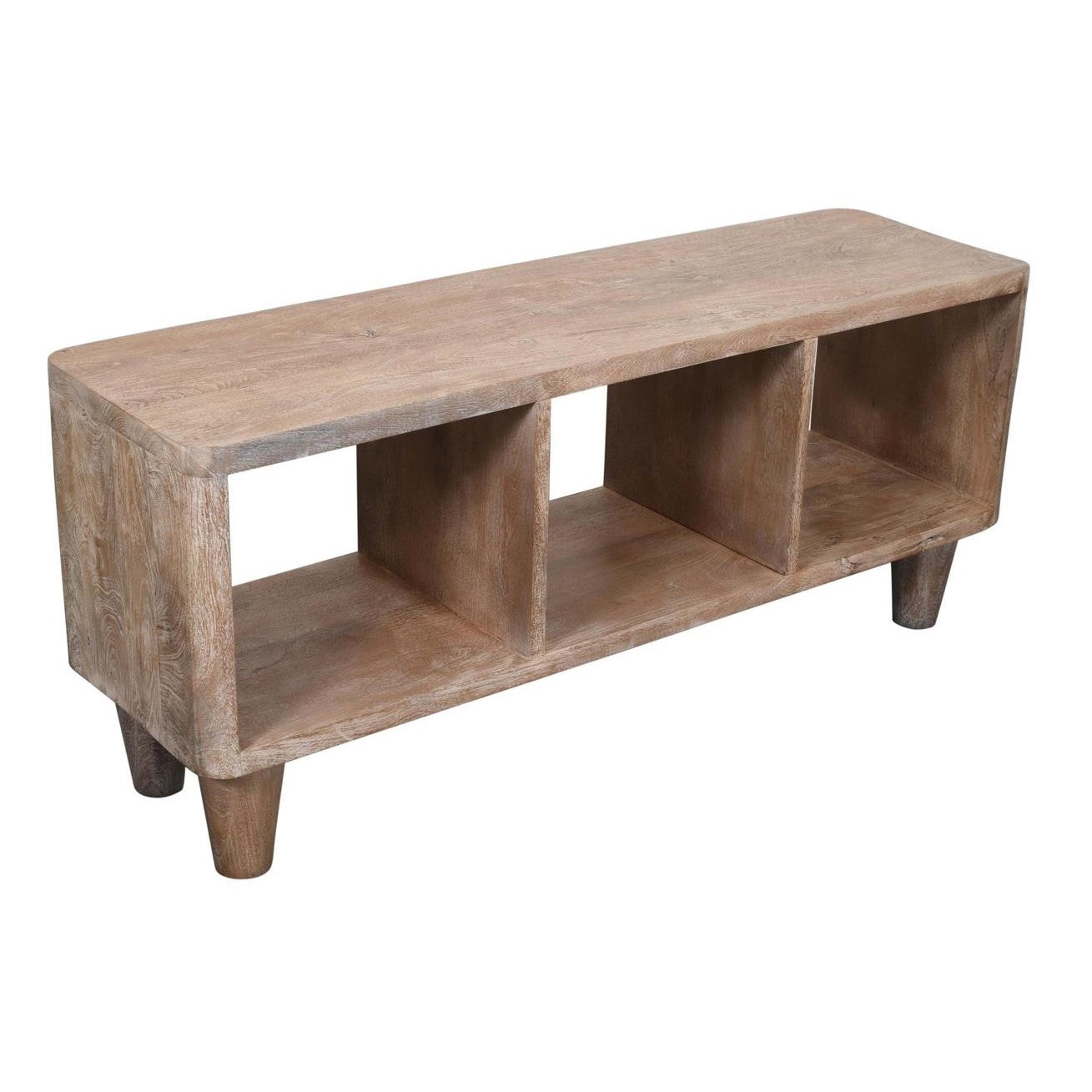 Wooden bench with three open storage cubbies and four legs.