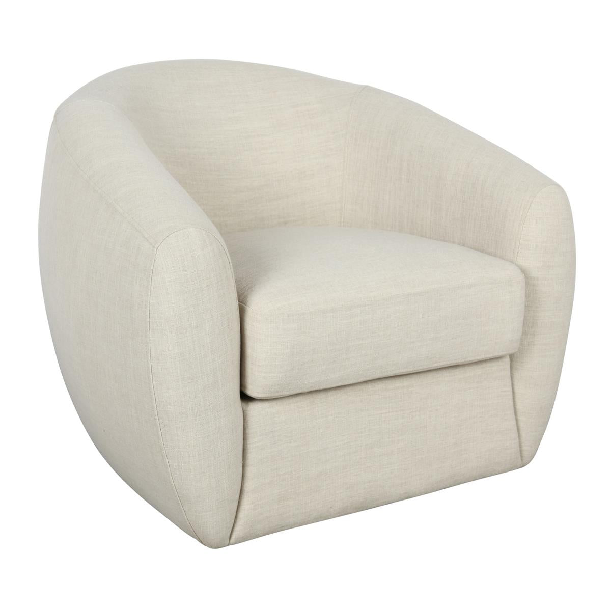 Beige modern swivel chair with rounded design.