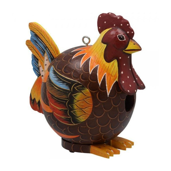 Colorful chicken-shaped birdhouse with vibrant feathers.