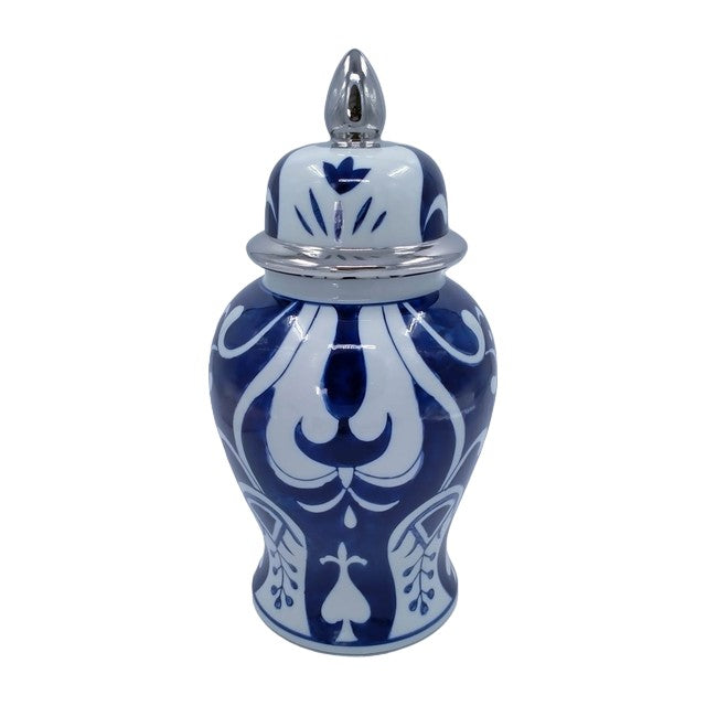Blue and white ceramic ginger jar with silver lid.
