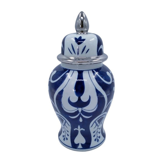 Picture of Blue and White Modern Floral Temple Jar, Silver Accents