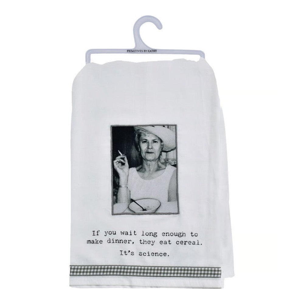 Towel with vintage woman photo and funny quote about cereal.