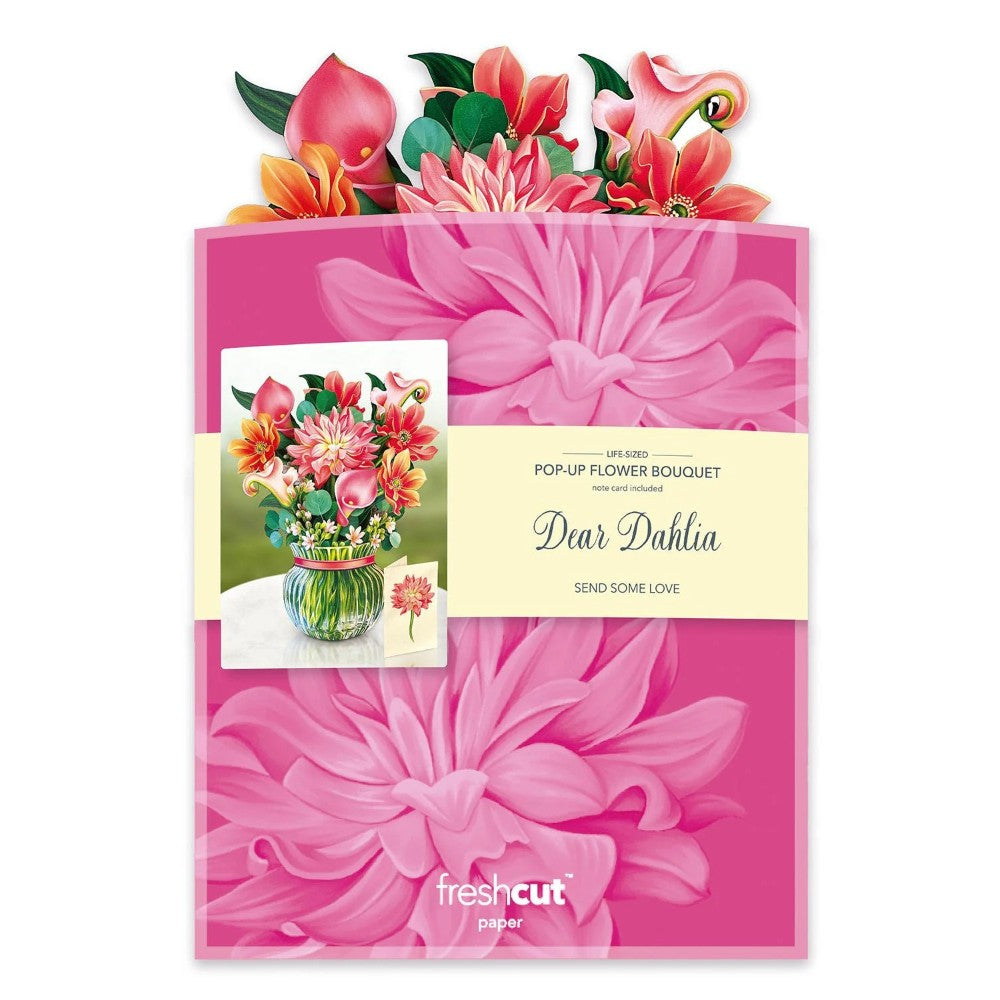 Pink floral pop-up card packaging with colorful flower design.