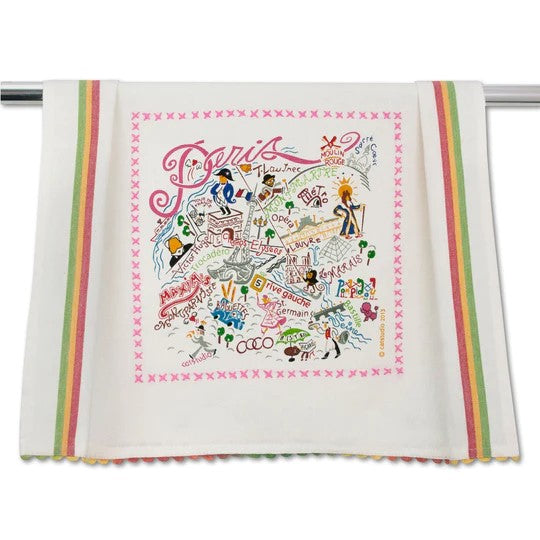 Colorful towel with a whimsical map of Paris.