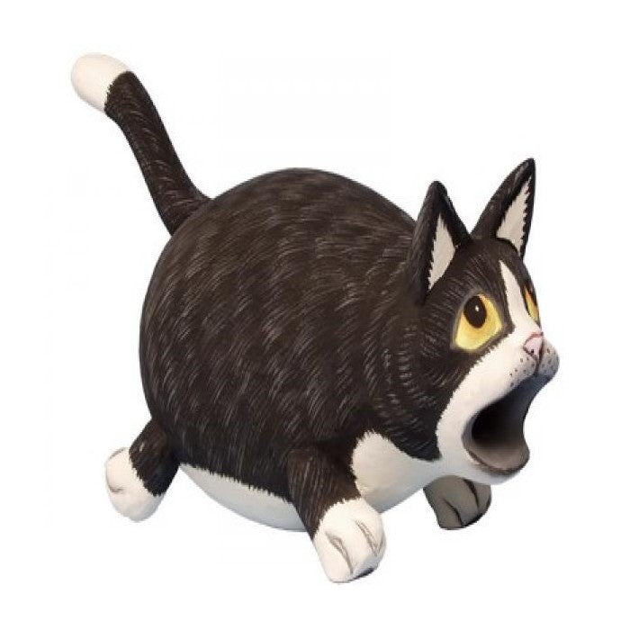 Wide-eyed cartoon cat figure with mouth open.