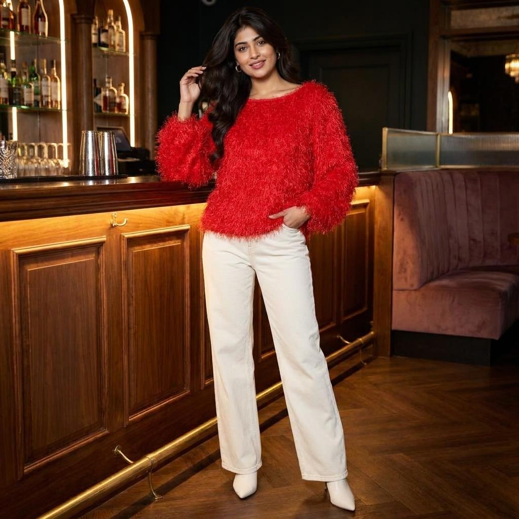 A woman in a bright red sweater and white pants poses beside a wooden bar.