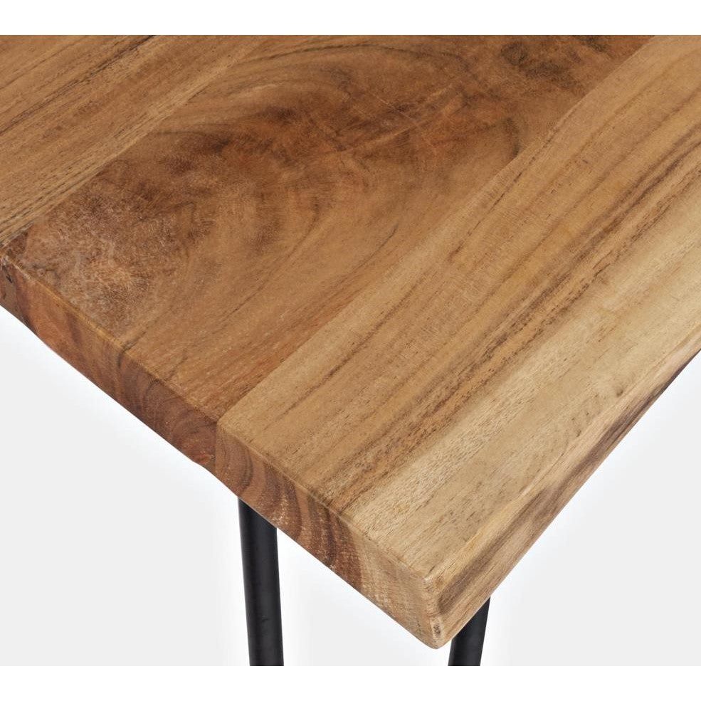 Wooden tabletop with smooth grain and black metal legs.