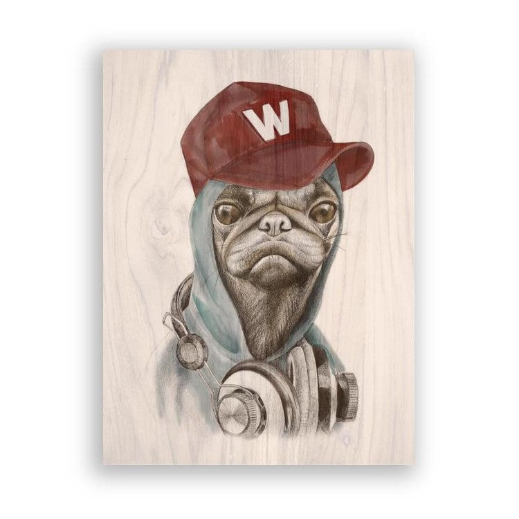 Pug in hoodie and hat with headphones illustrated on wood.