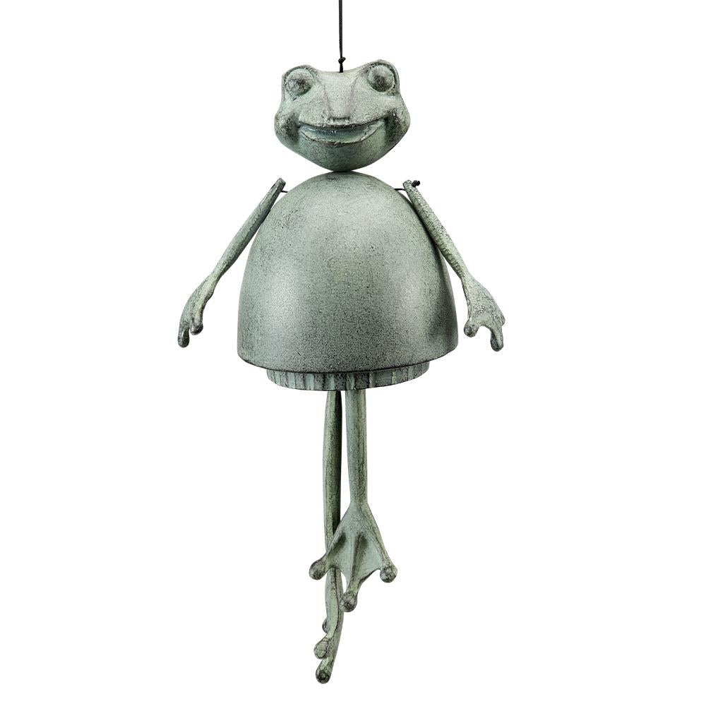 Hanging metal frog decoration with a round body and long legs.