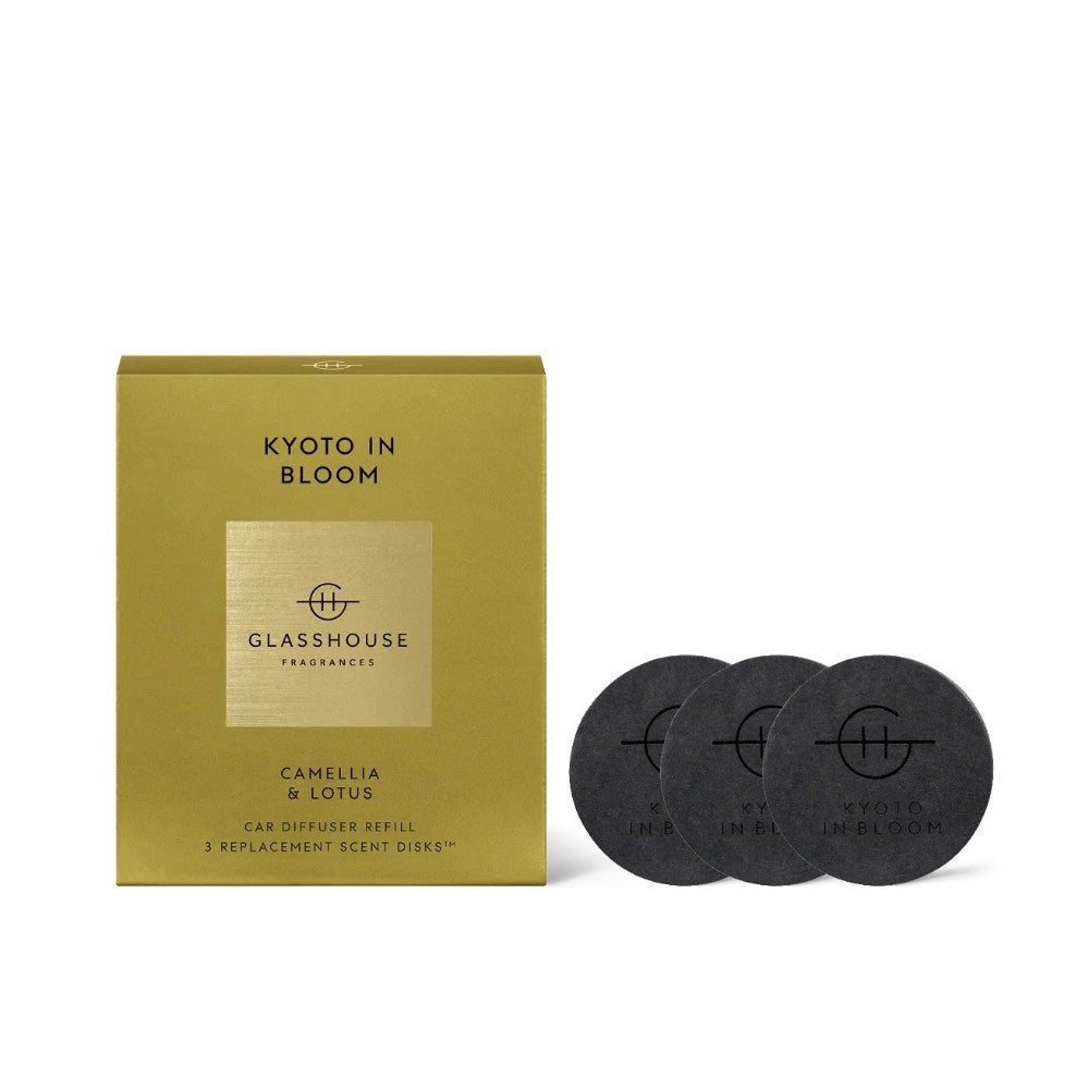 Gold box with "Kyoto in Bloom" and three black scent disks.