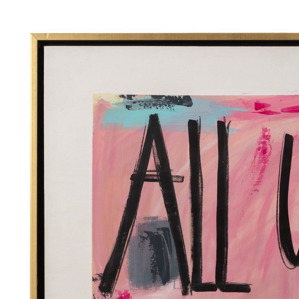 Colorful abstract painting with bold black text, framed in gold.