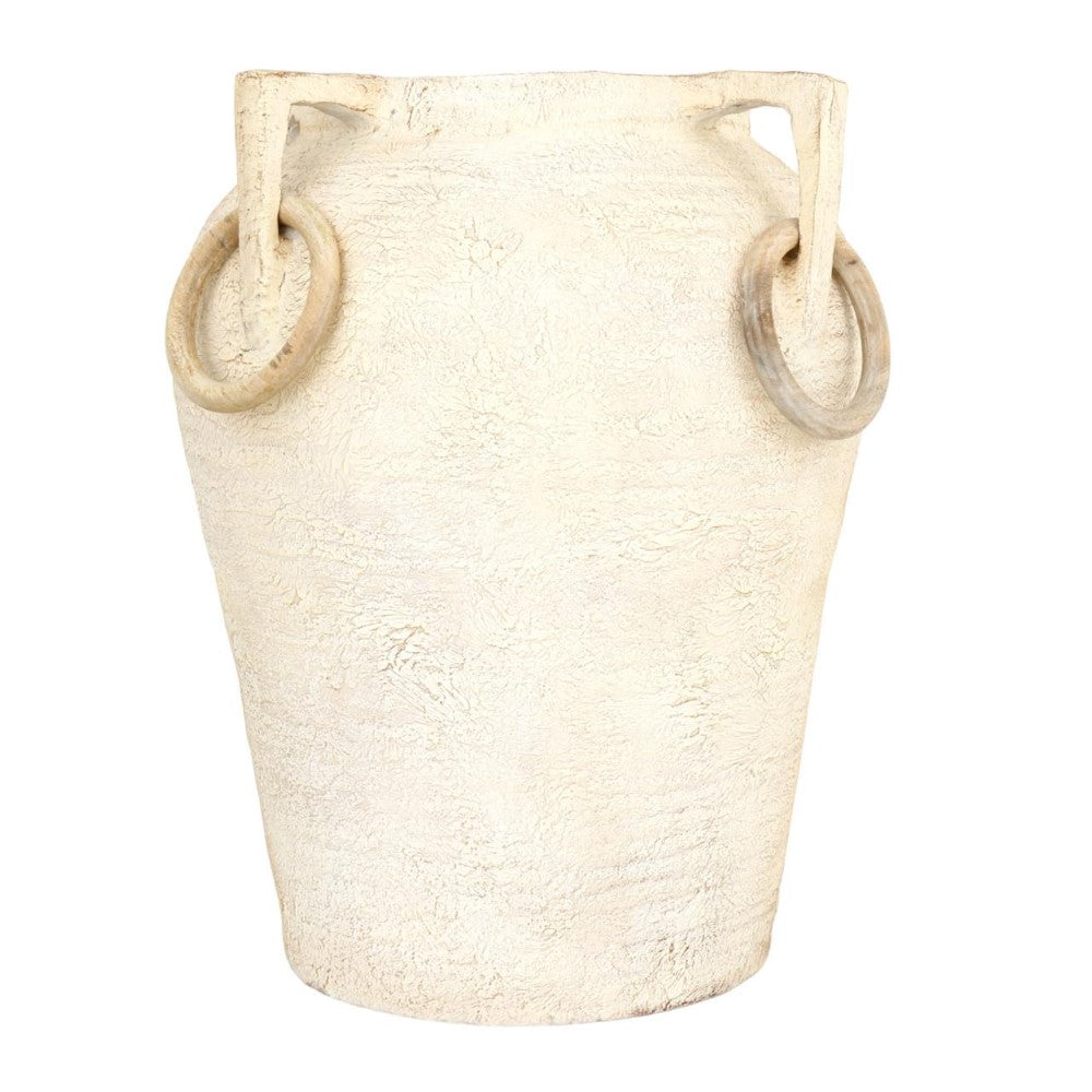 Creamy textured vase with round handles.