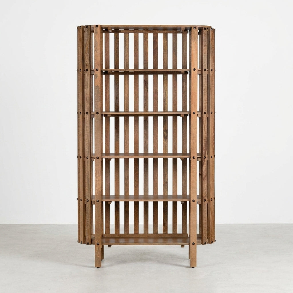 Wooden slatted bookshelf with five shelves and rounded edges.