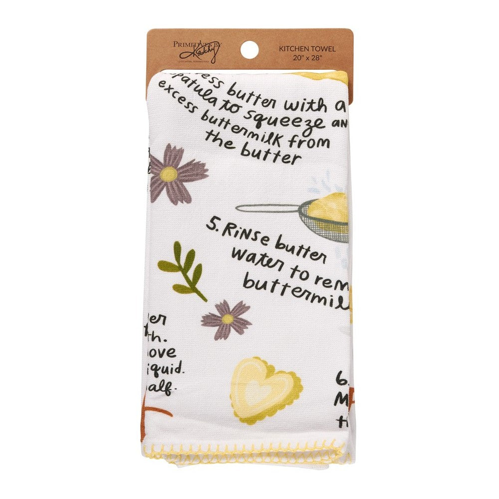 Floral kitchen towel with handwritten instructions and decorative design.
