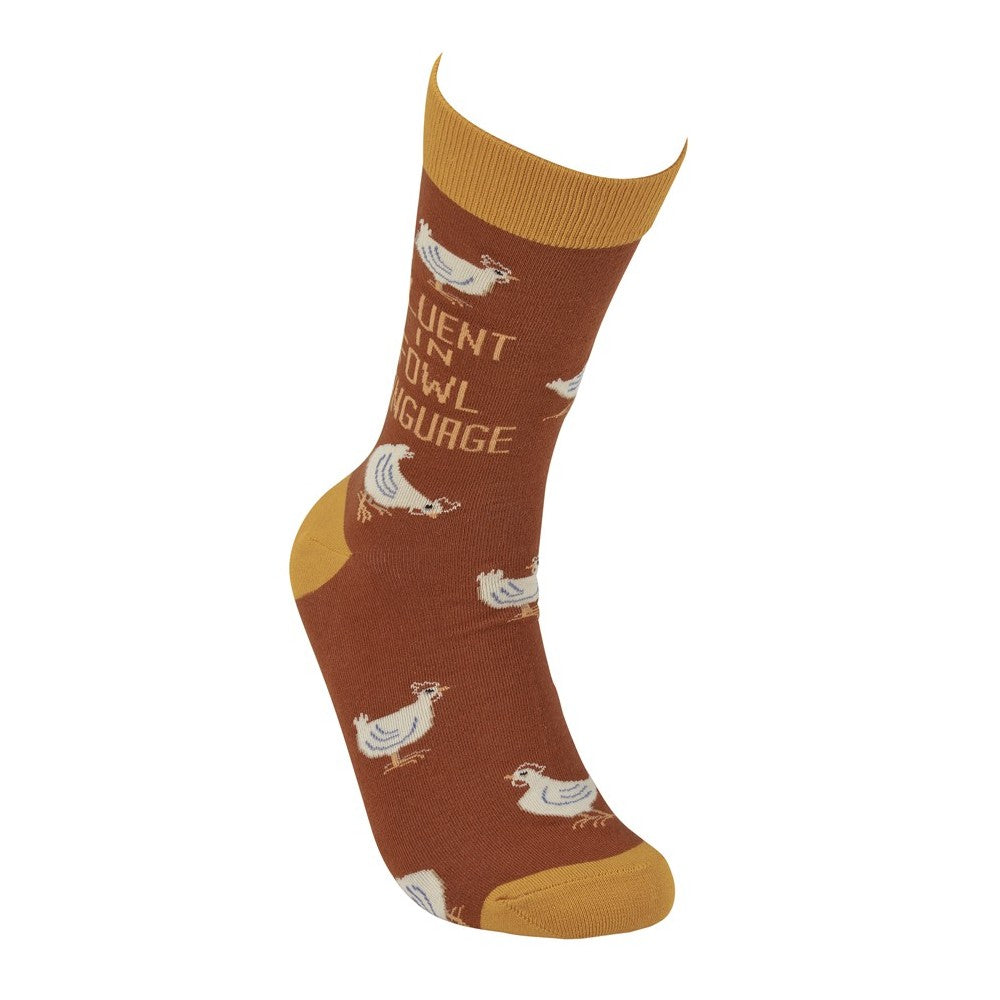 Brown sock with chickens and "Fluent in Fowl Language" text.