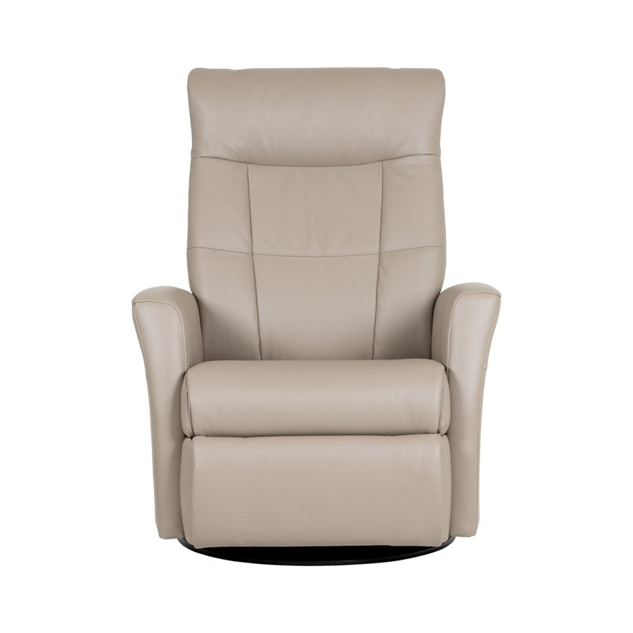 Beige reclining leather chair, front view.