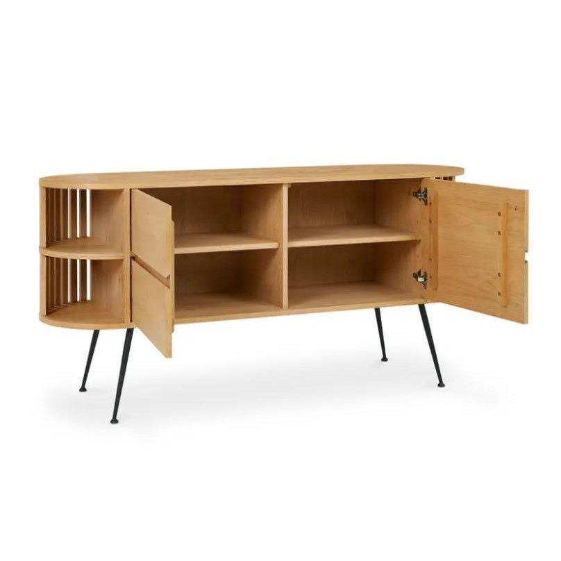 Wooden sideboard with open doors and shelves, on black metal legs.