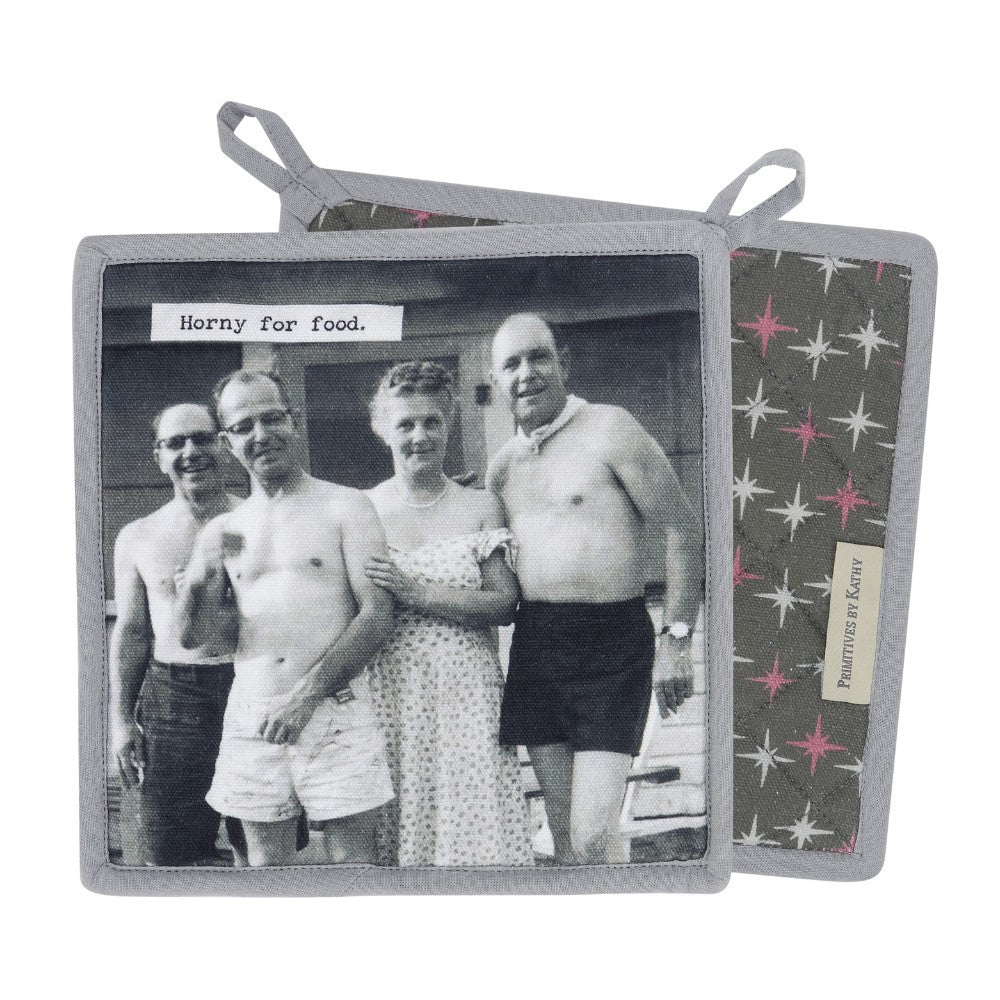 Retro photo of smiling group with a humorous "Horny for food" caption.