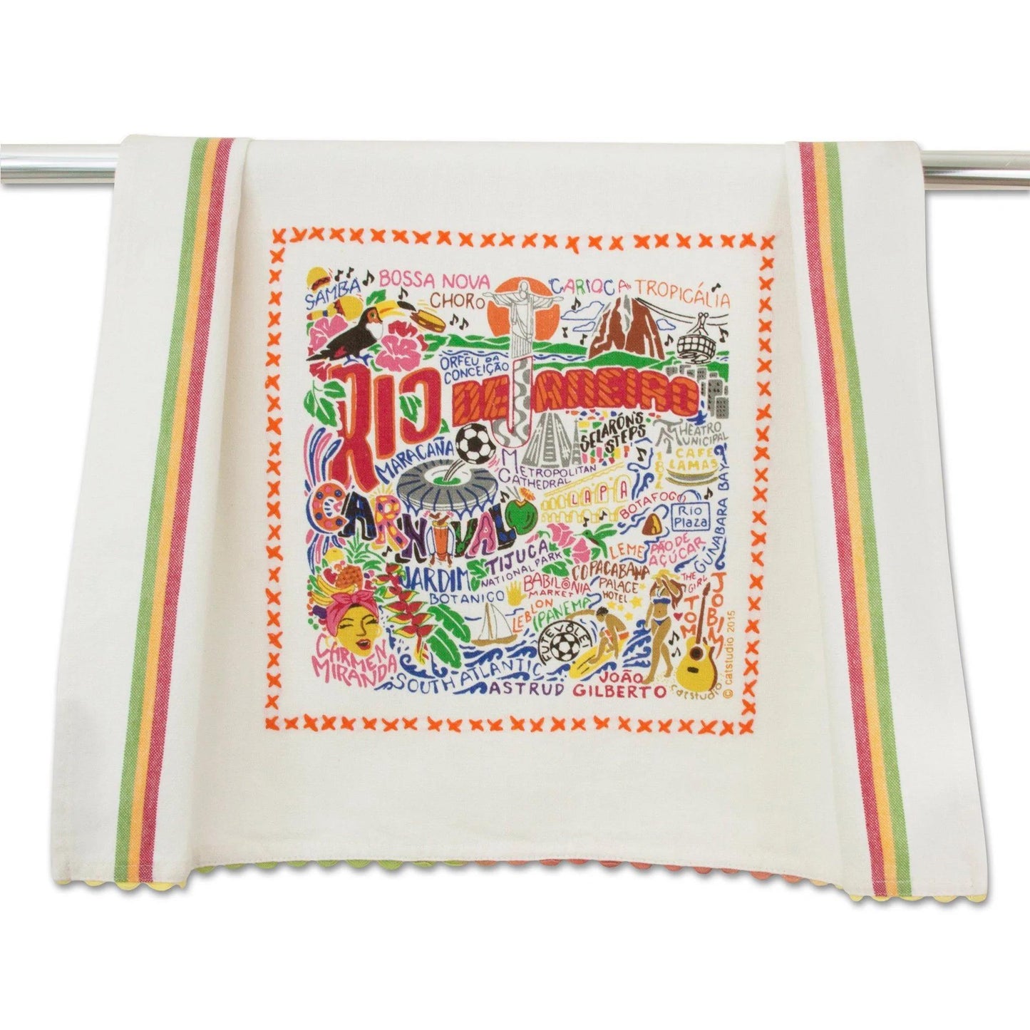 Colorful Rio de Janeiro-themed embroidered kitchen towel.