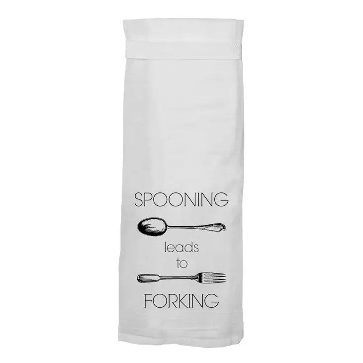 White towel with humor: "Spooning leads to forking."
