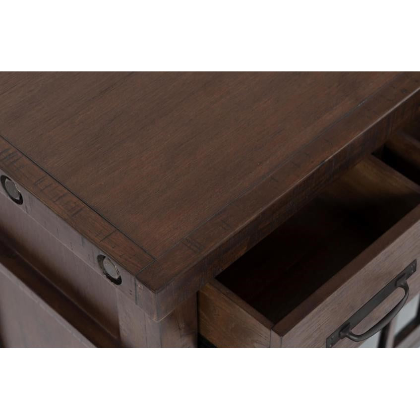 Dark wooden table with an open rectangular drawer.