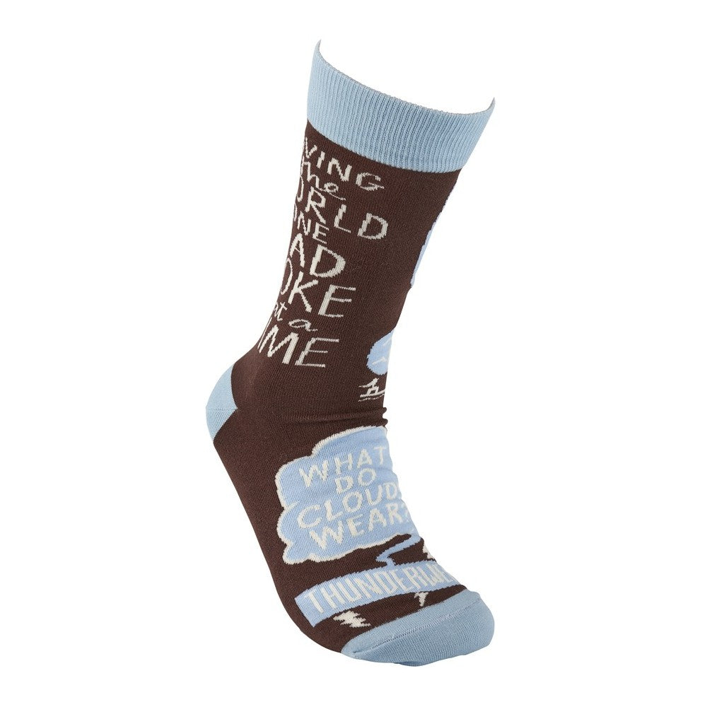 Brown sock with blue trim and humorous cloud design.