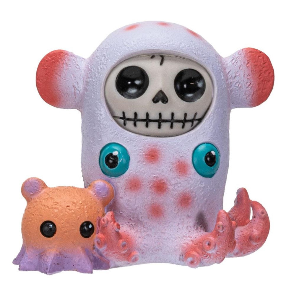 Cute ghostly figure with skull face and octopus friend, colorful and whimsical design.