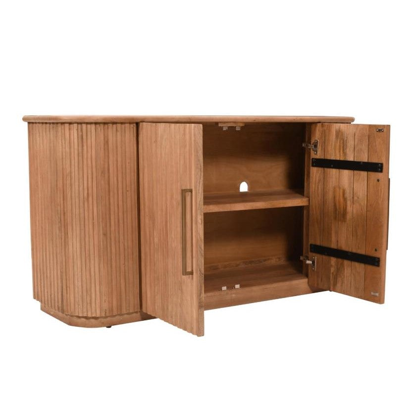Wooden cabinet with open doors and a shelf inside.