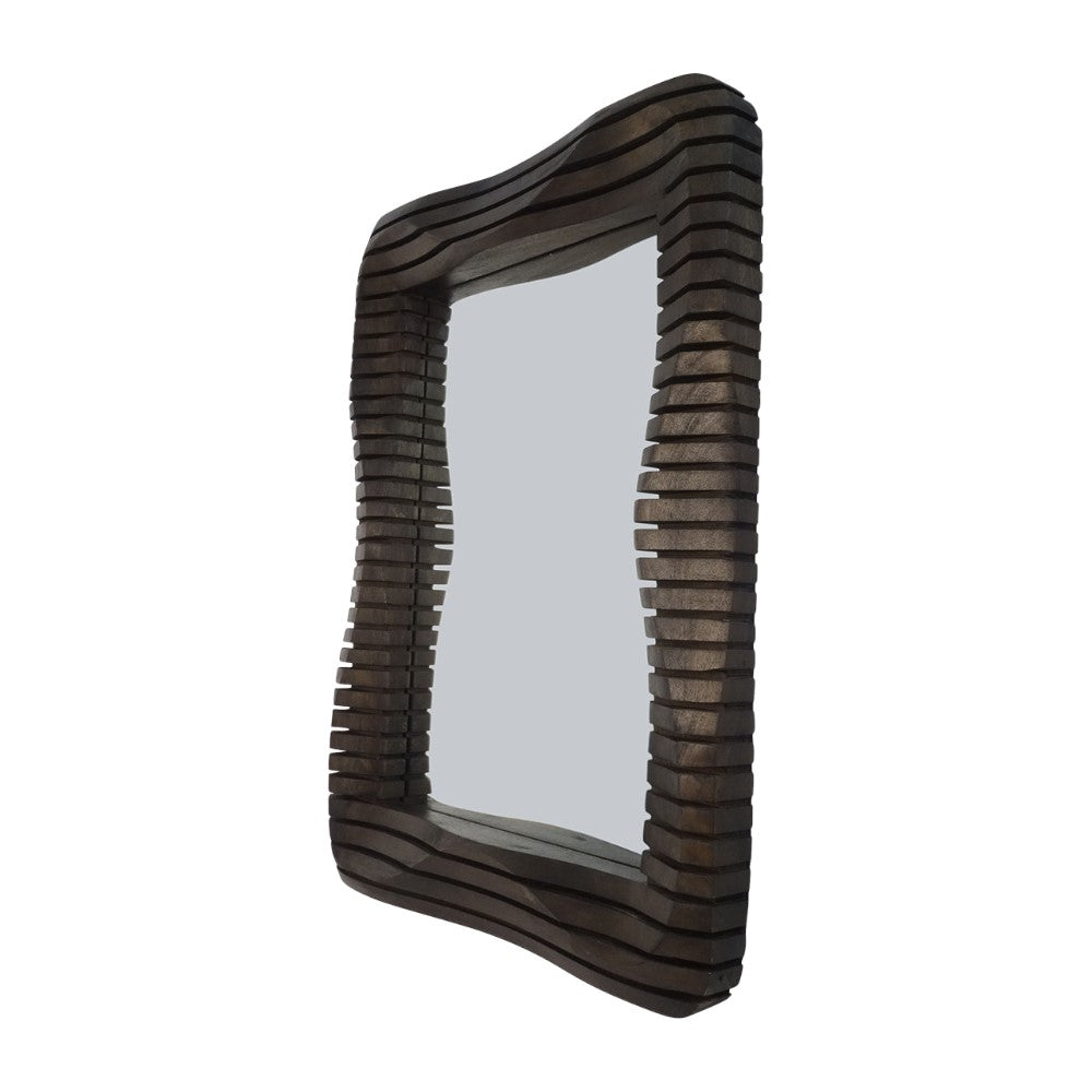 Curved wood-framed mirror with layered design.