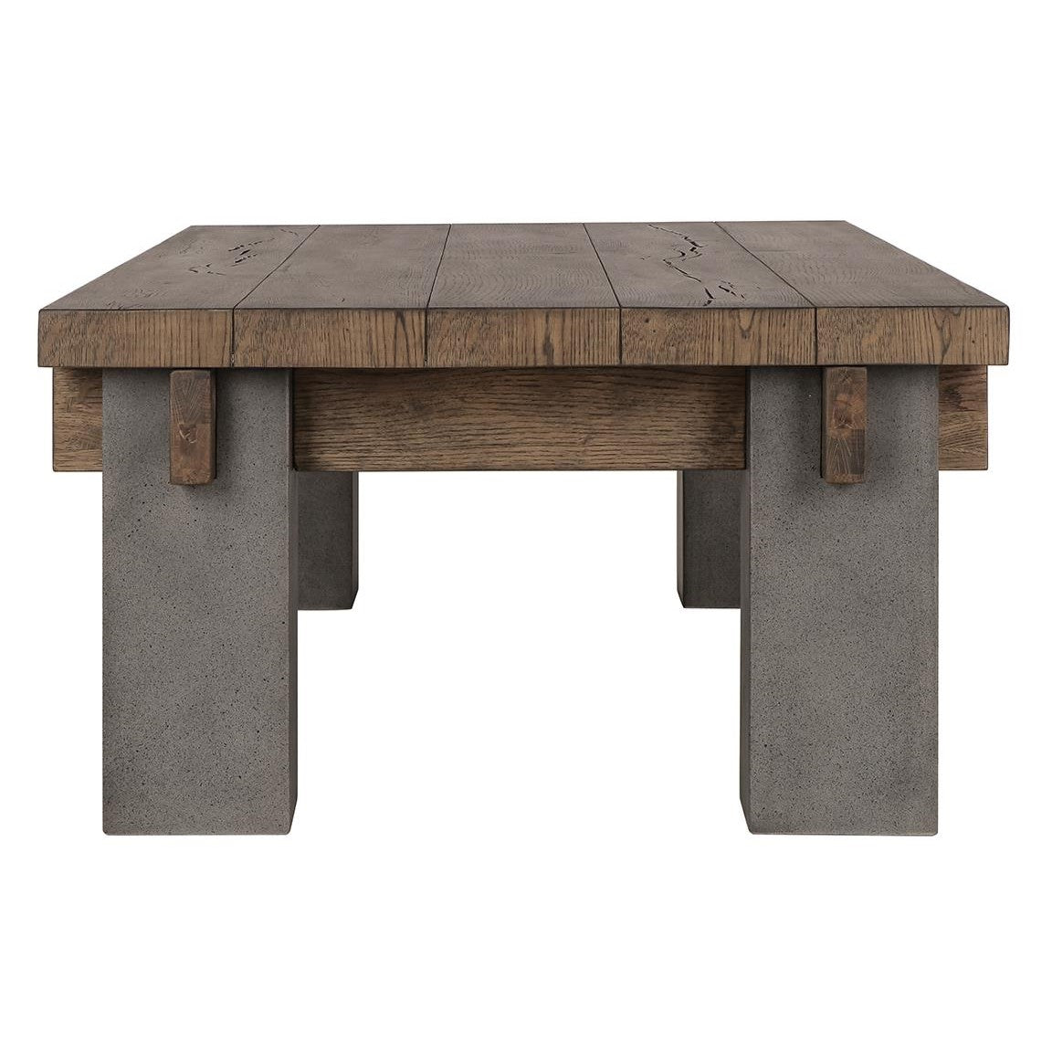 Rustic wood and concrete table with a sturdy design.