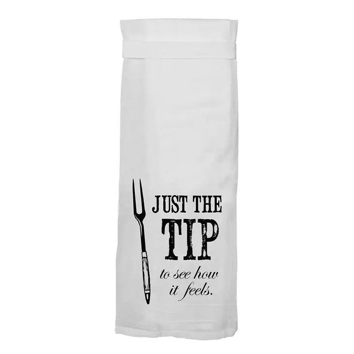 White towel with a humorous phrase and fork illustration.