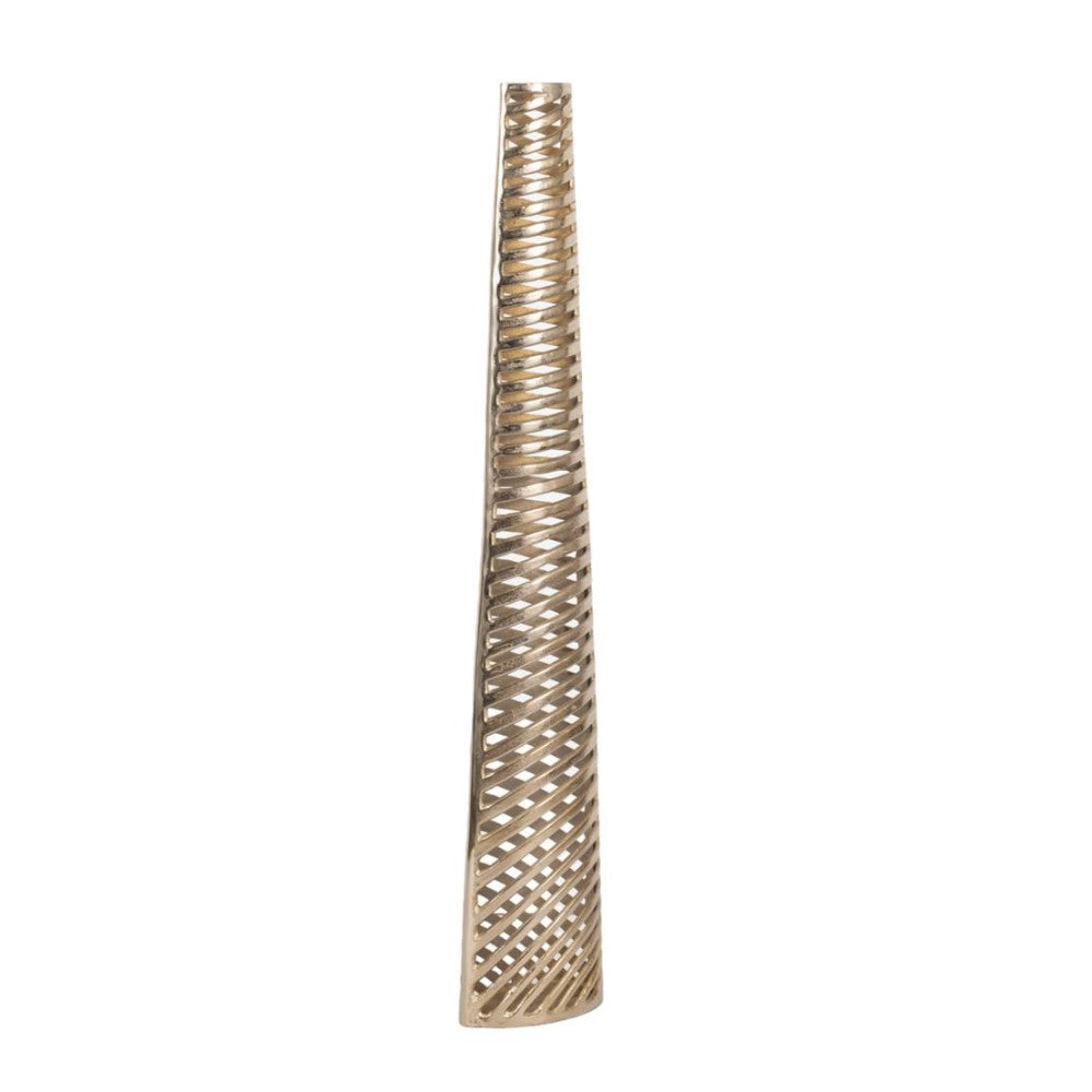 Tall, slender, gold vase with diagonal cut-out design.