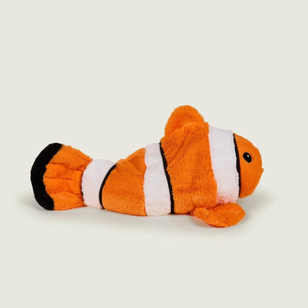 Plush clownfish toy on a plain background.