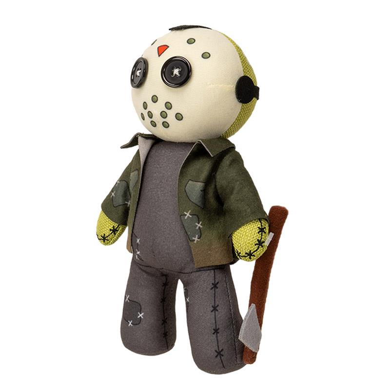 Plush toy with button eyes and stitched mask design.