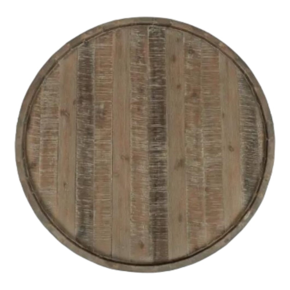 Round wooden barrel top with rustic, aged planks.