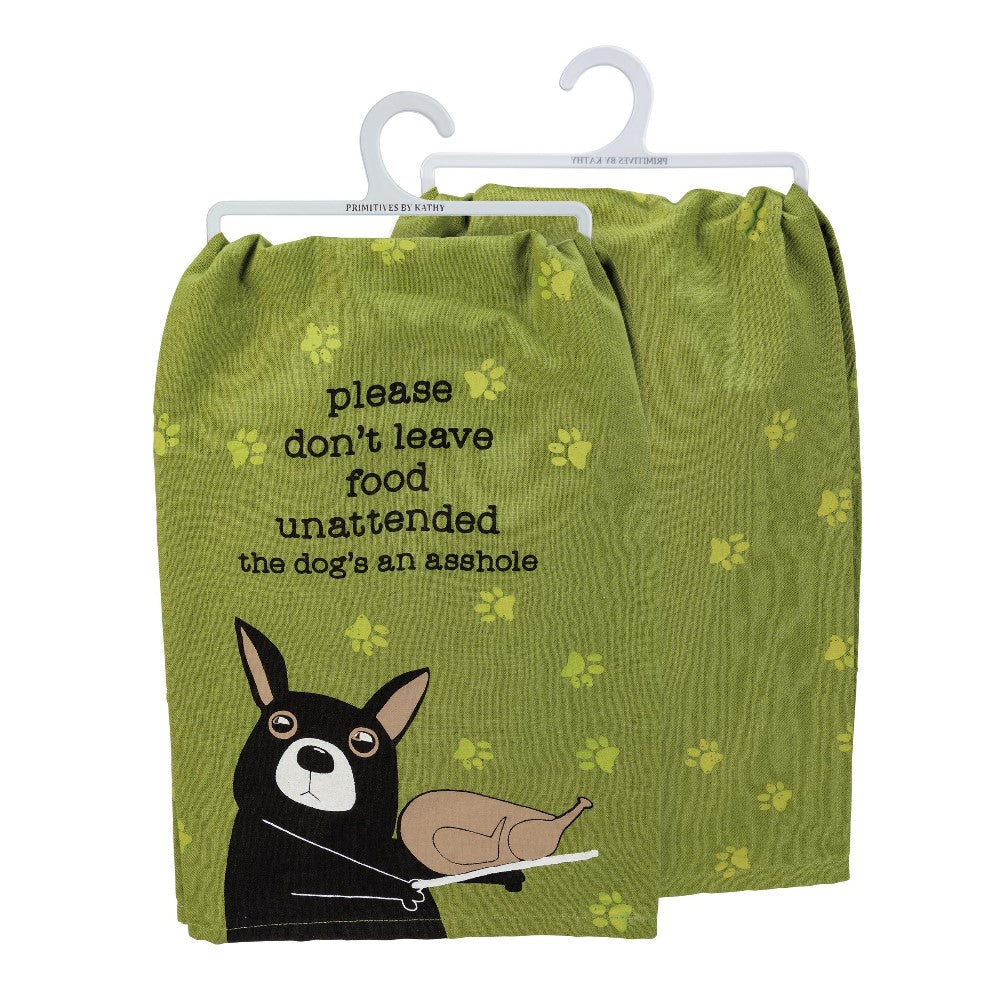 Green towel with dog illustration and humorous food warning text.