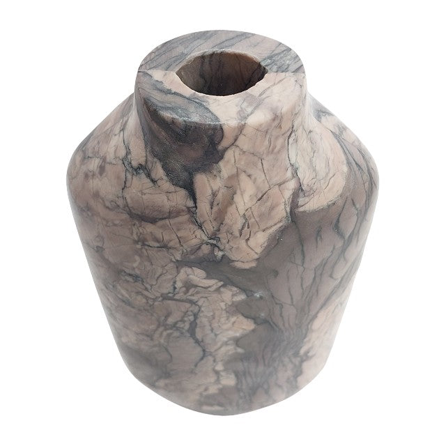 Marble-patterned vase with a narrow opening.