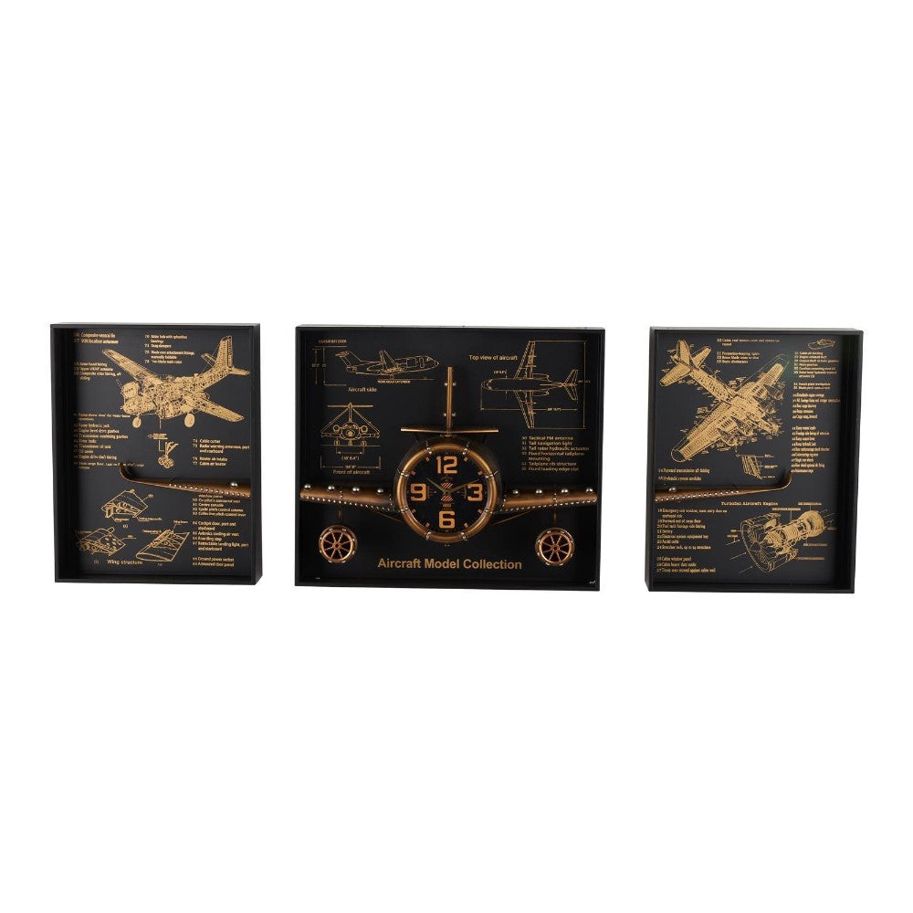 Three framed aircraft blueprints with a central clock.