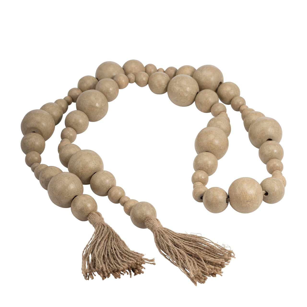 Wooden beads with tassels on both ends.