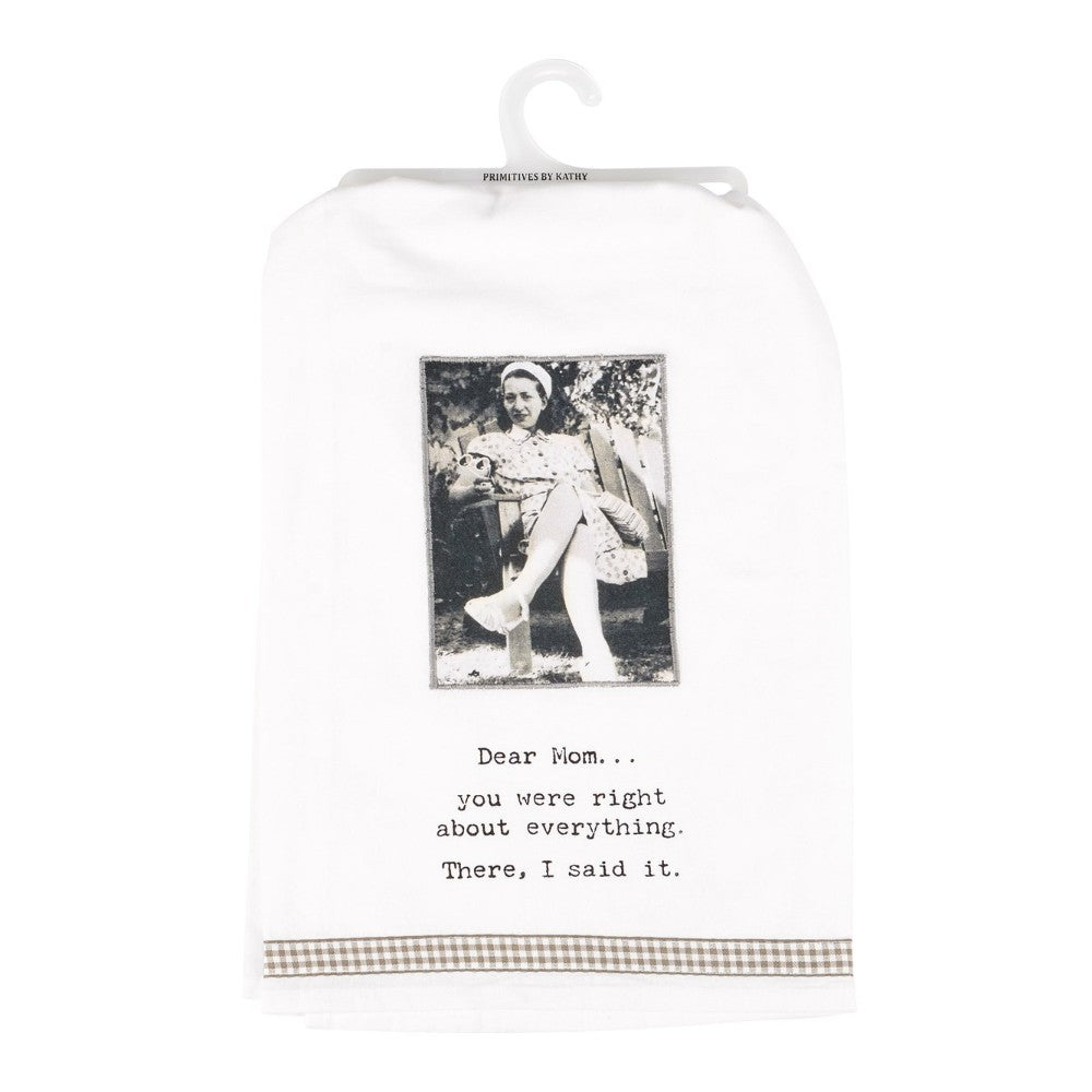 Funny tea towel with vintage photo and heartfelt text for mom.