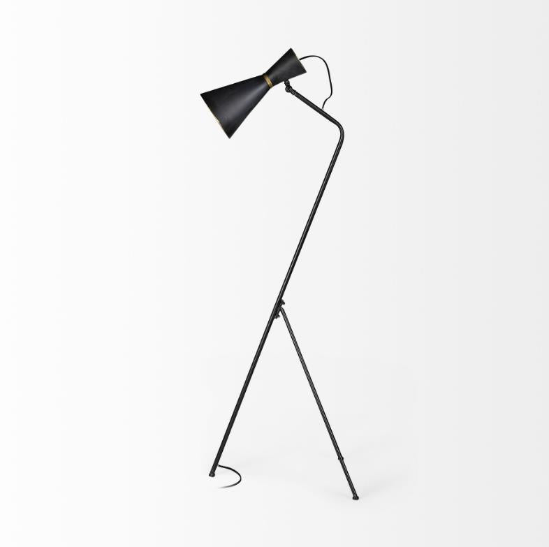 Minimalist black floor lamp with a unique geometric design.