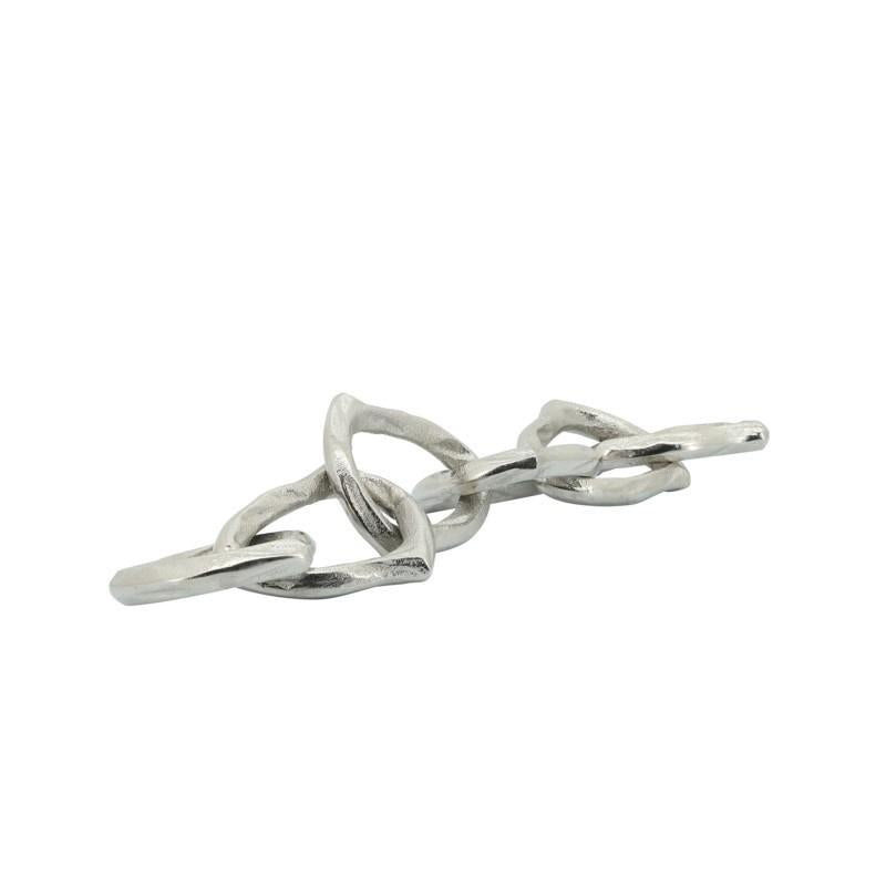 Silver chain with twisted, interlocking links.