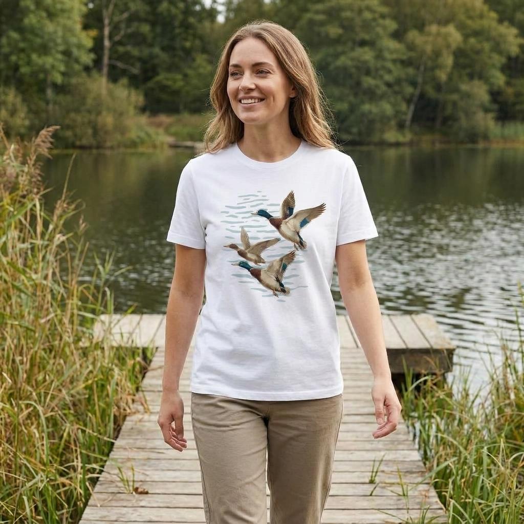 Woman smiling on a dock by a lake, wearing a bird-printed shirt.