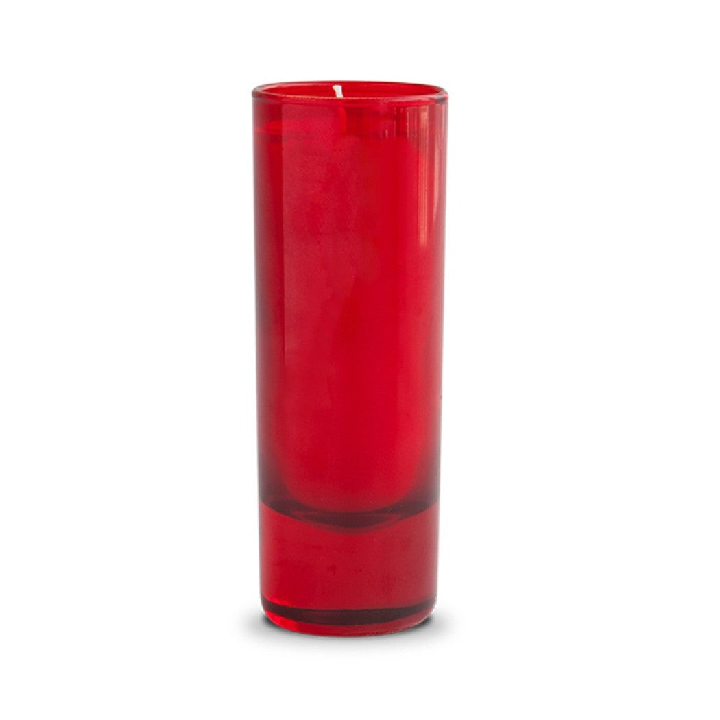 Tall red glass candle holder on a white background.
