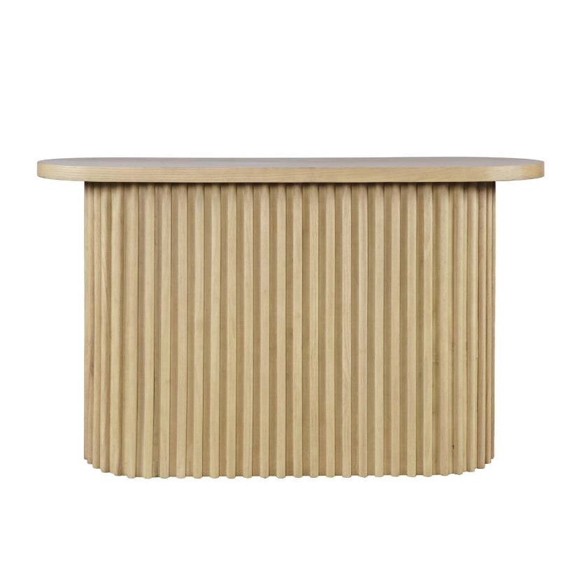Wooden table with vertical slats and an oval top.