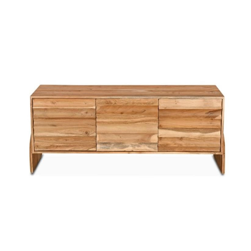 Wooden sideboard with natural finish and three cabinet doors.