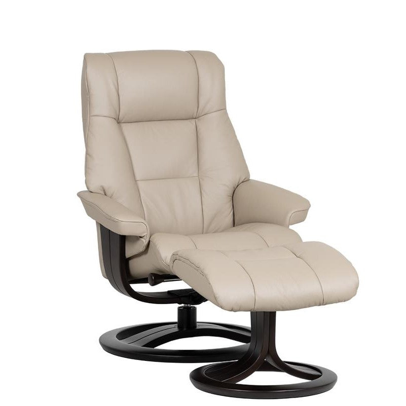 Cream recliner chair with matching ottoman on dark circular bases.
