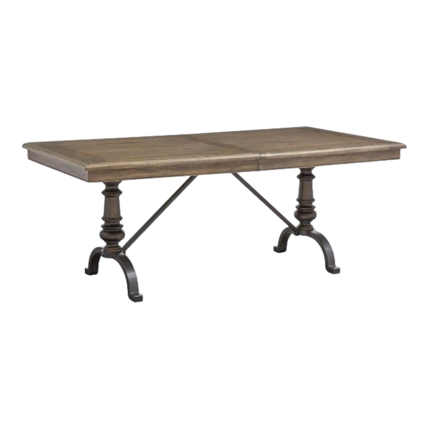 Wooden dining table with ornate legs and metal support.
