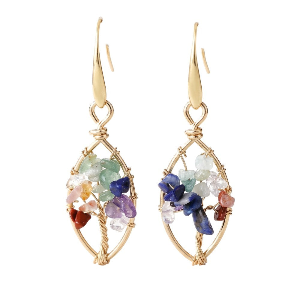 Gold wire earrings with colorful gemstone trees.