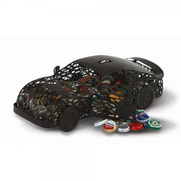 Model car bottle holder with caps spilling out.